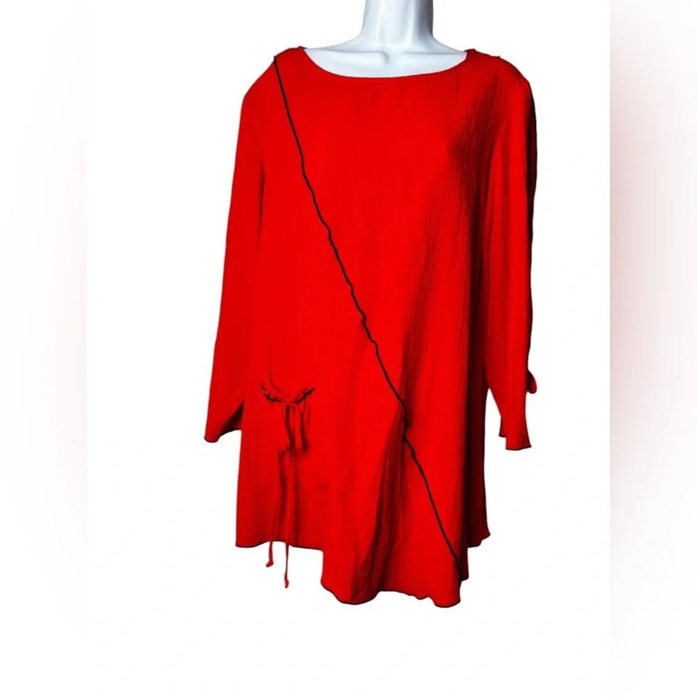 Ali Miles Red Tunic Lagenlook Casual Pocket 3/4 Sleeves Size Large Blouse Pocket